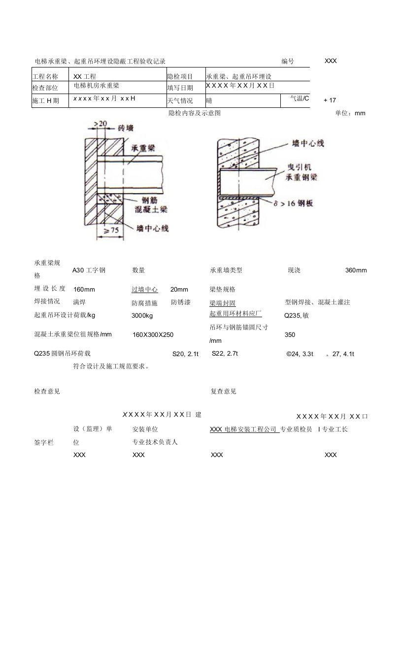 电梯承重梁、起重吊环埋设隐蔽工程验收记录