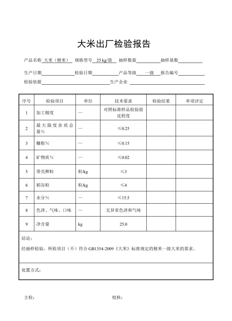 大米出厂检验报告原始记录111