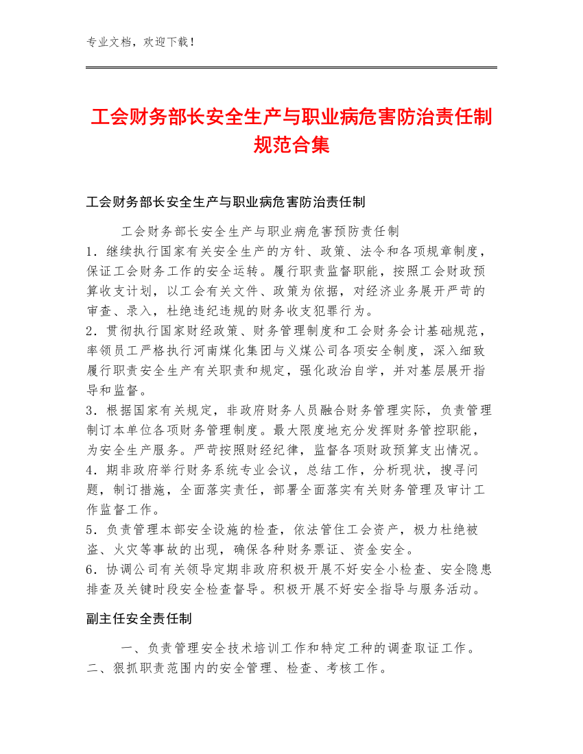 工会财务部长安全生产与职业病危害防治责任制规范合集