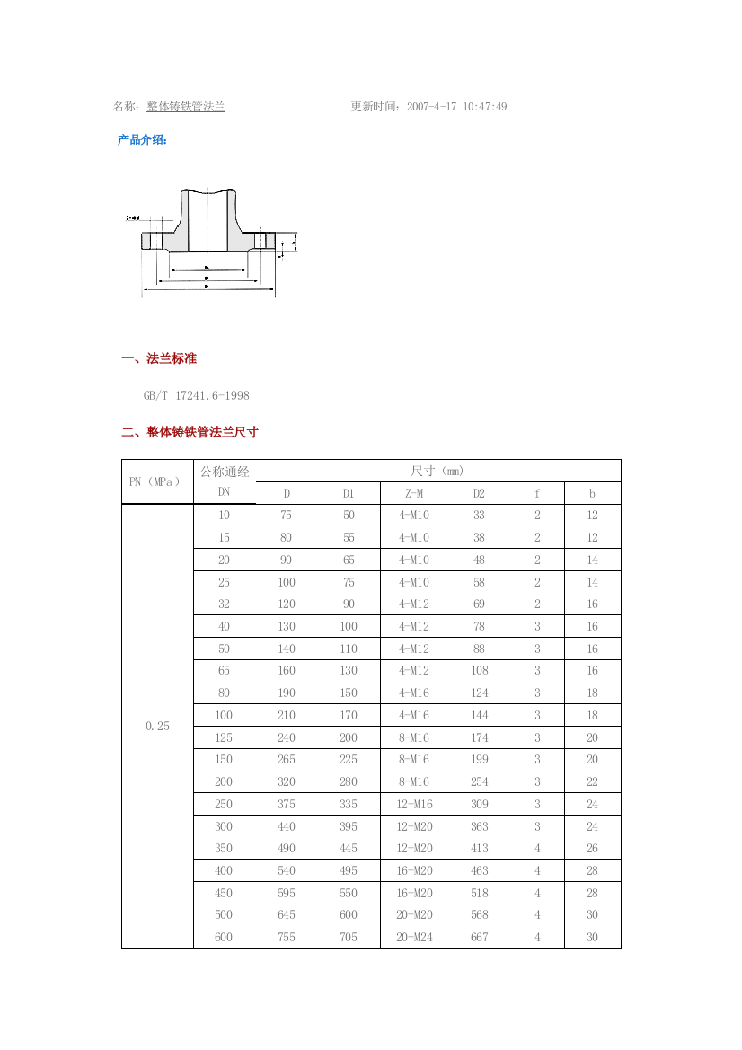 整体法兰铸铁管规格表