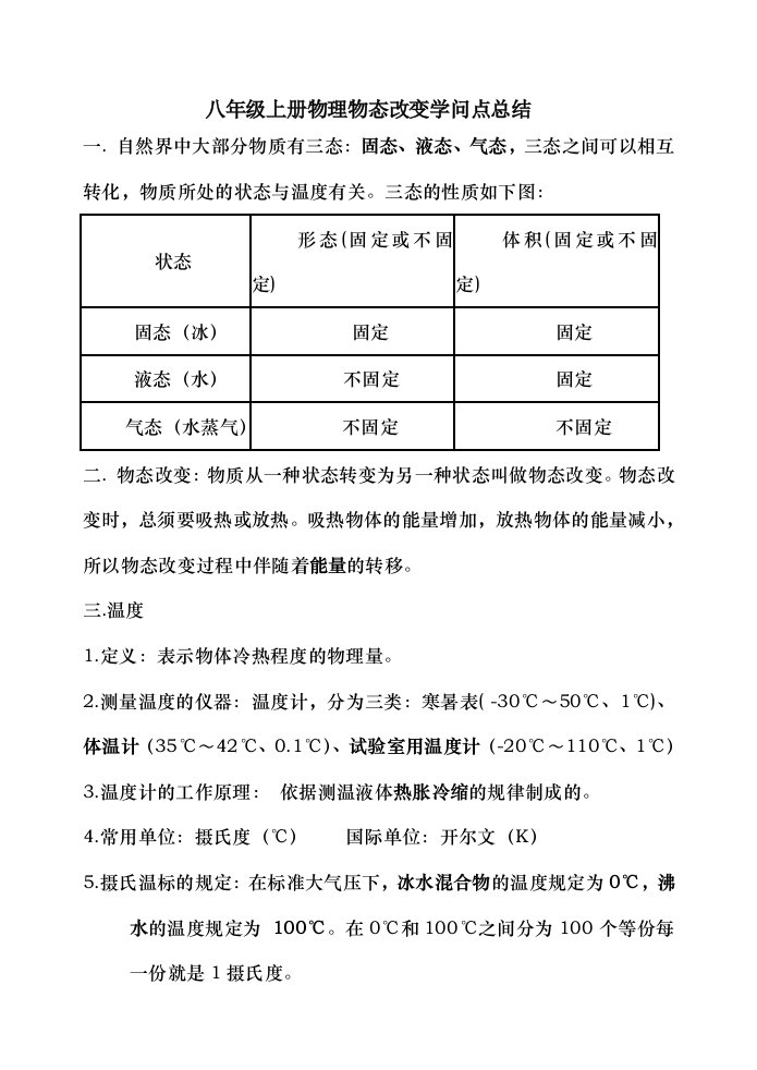 八年级上册物理物态变化知识点总结