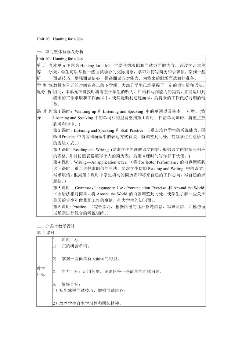 拓展模块Unit.9JobHunting全单元教案