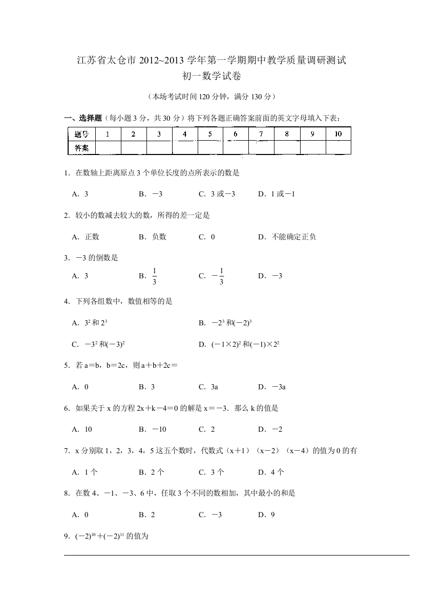 【小学中学教育精选】江苏省太仓市2012-2013学年第一学期期中教学质量调研测试初一数学试卷