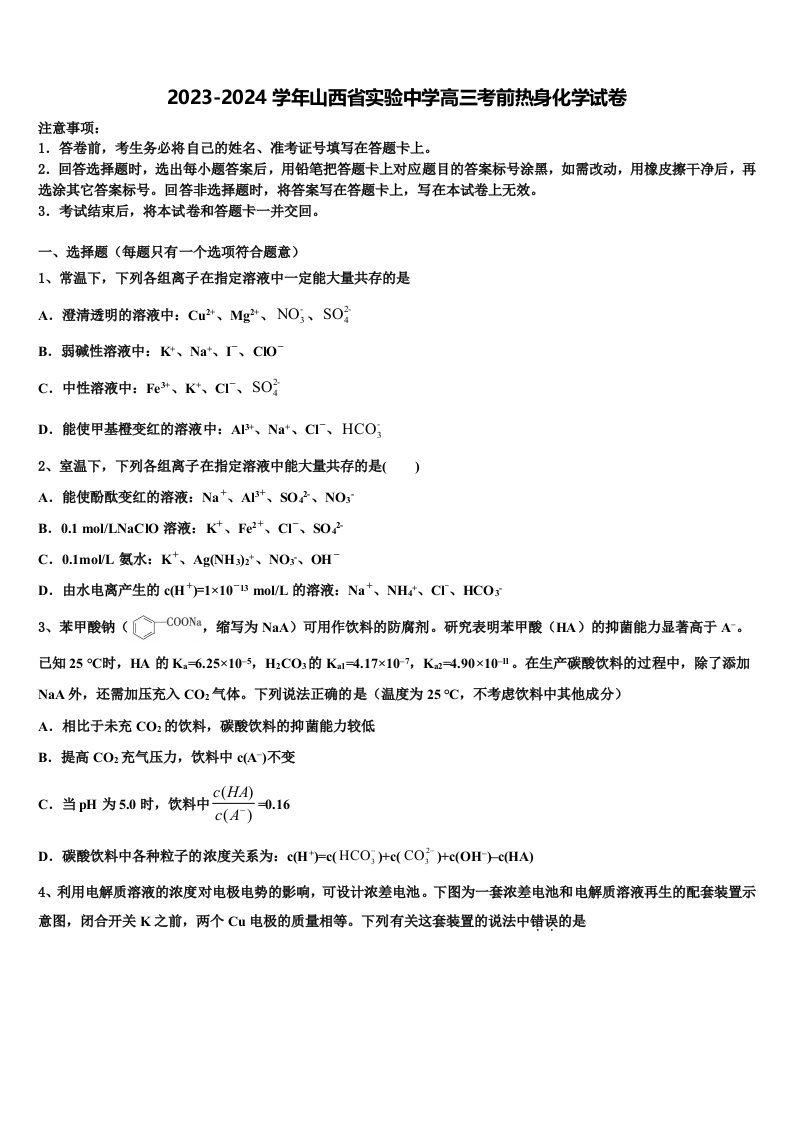 2023-2024学年山西省实验中学高三考前热身化学试卷含解析