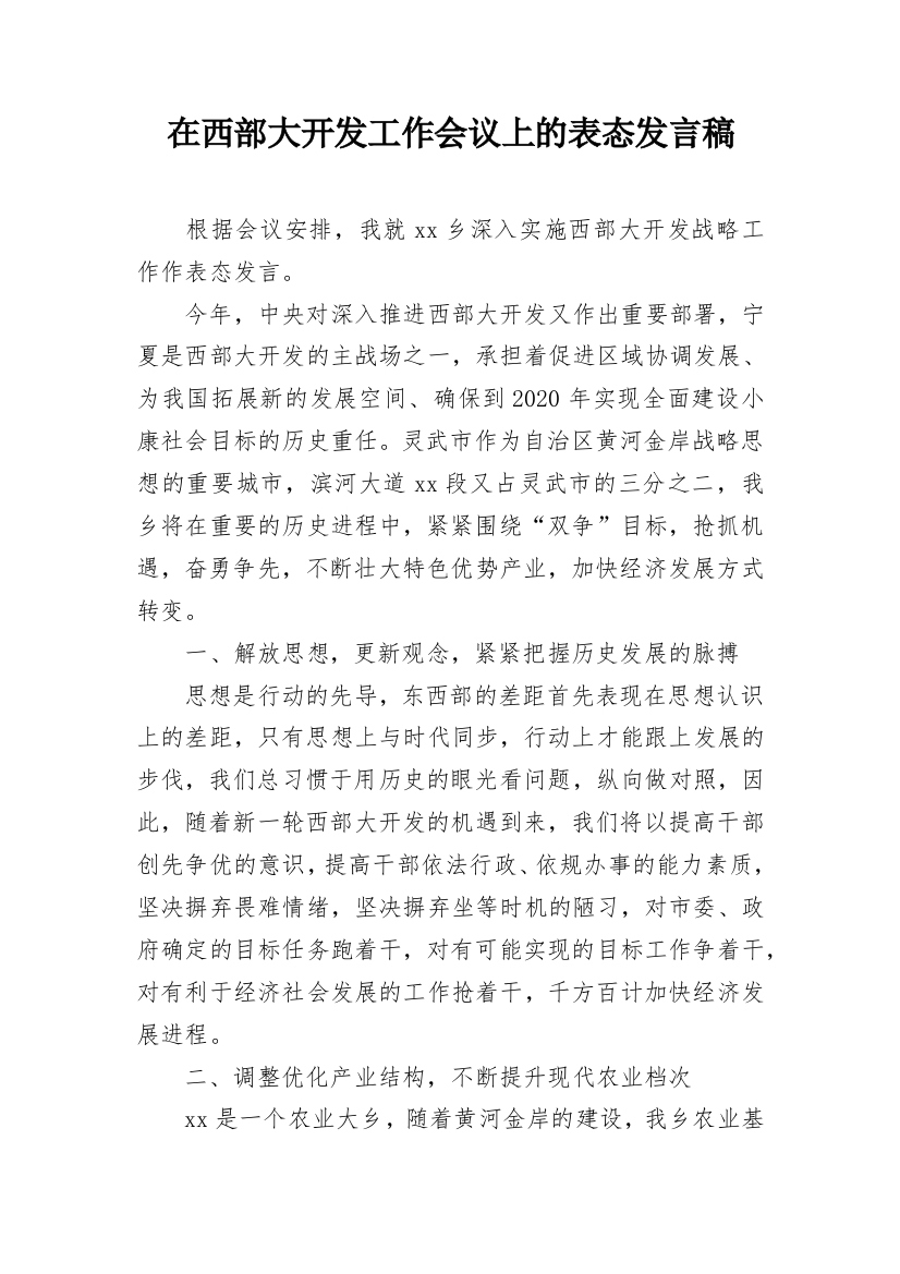 在西部大开发工作会议上的表态发言稿