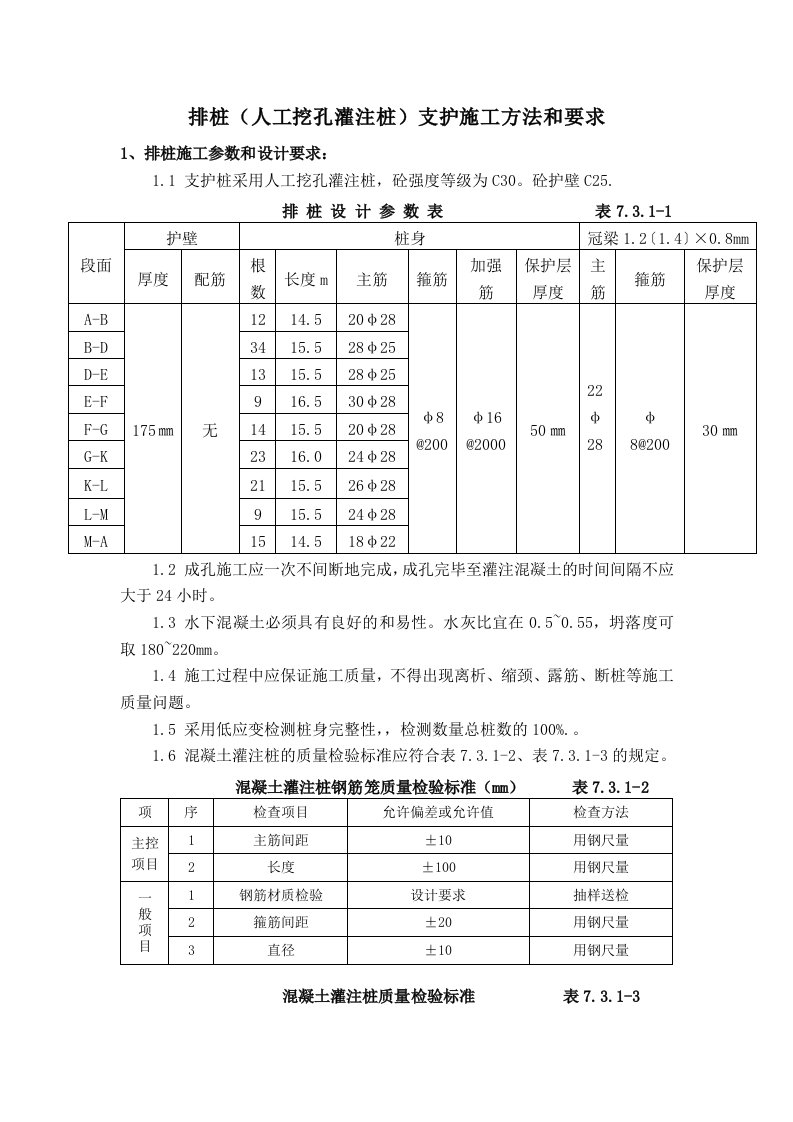 排桩(人工挖孔灌注桩)支护施工方法和要求