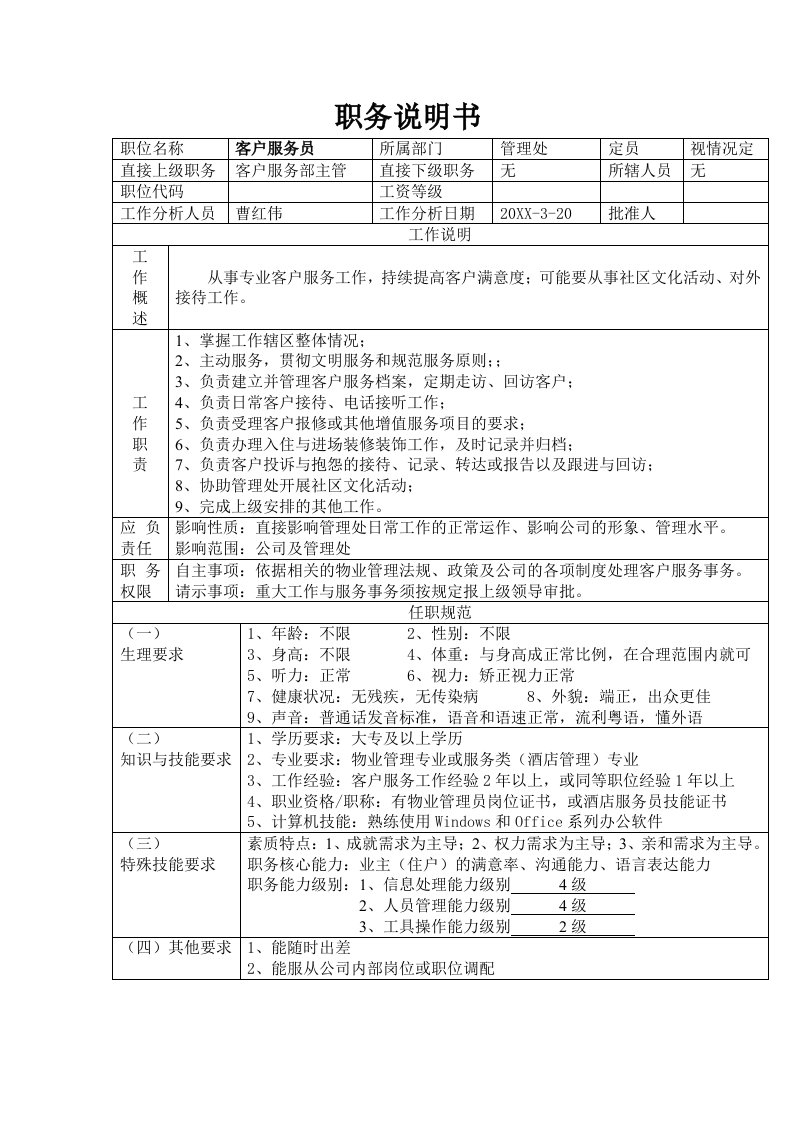 推荐-客户服务员职务说明书