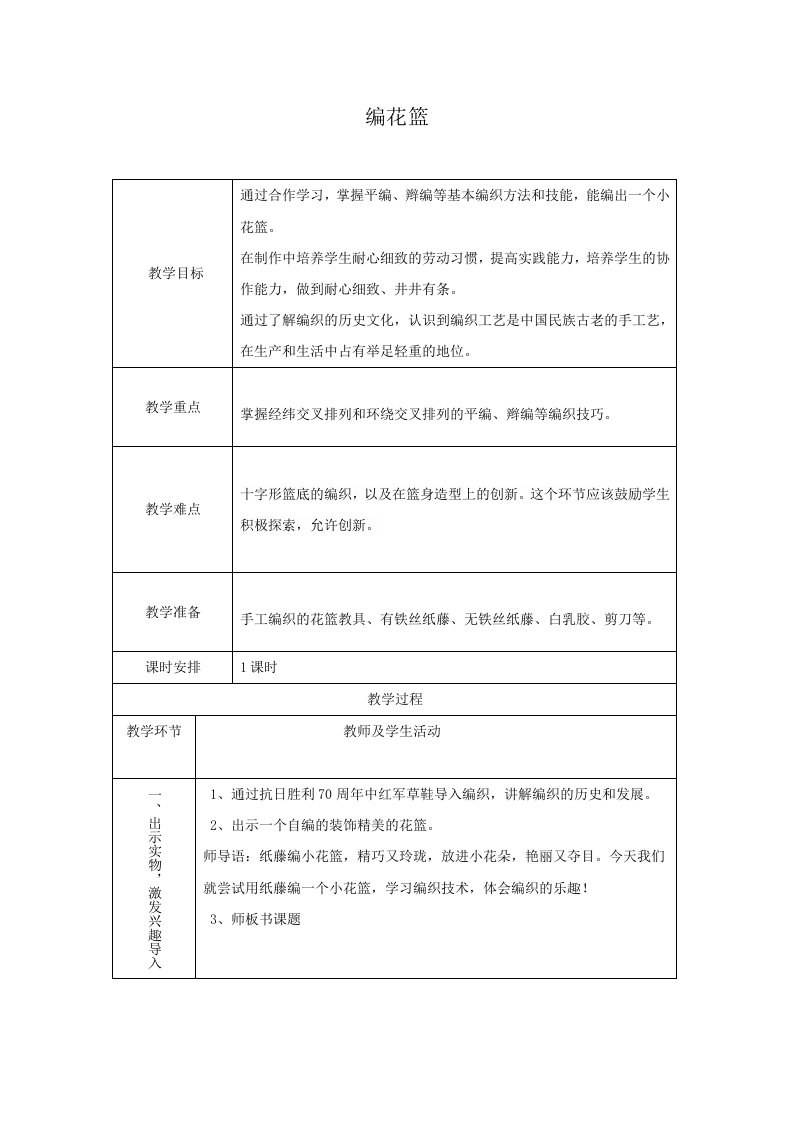 纸藤编花篮(劳动与技术)