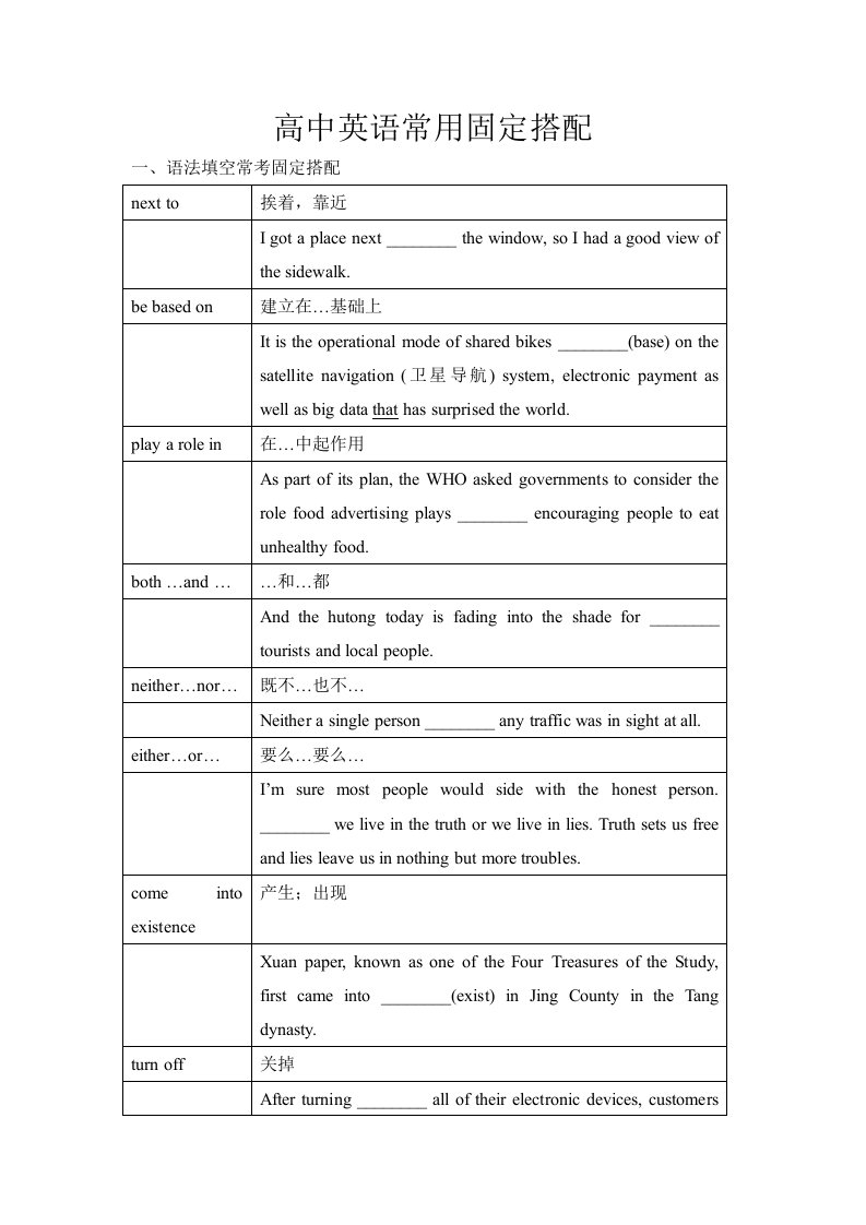 高中英语语法填空和作文常用的固定搭配