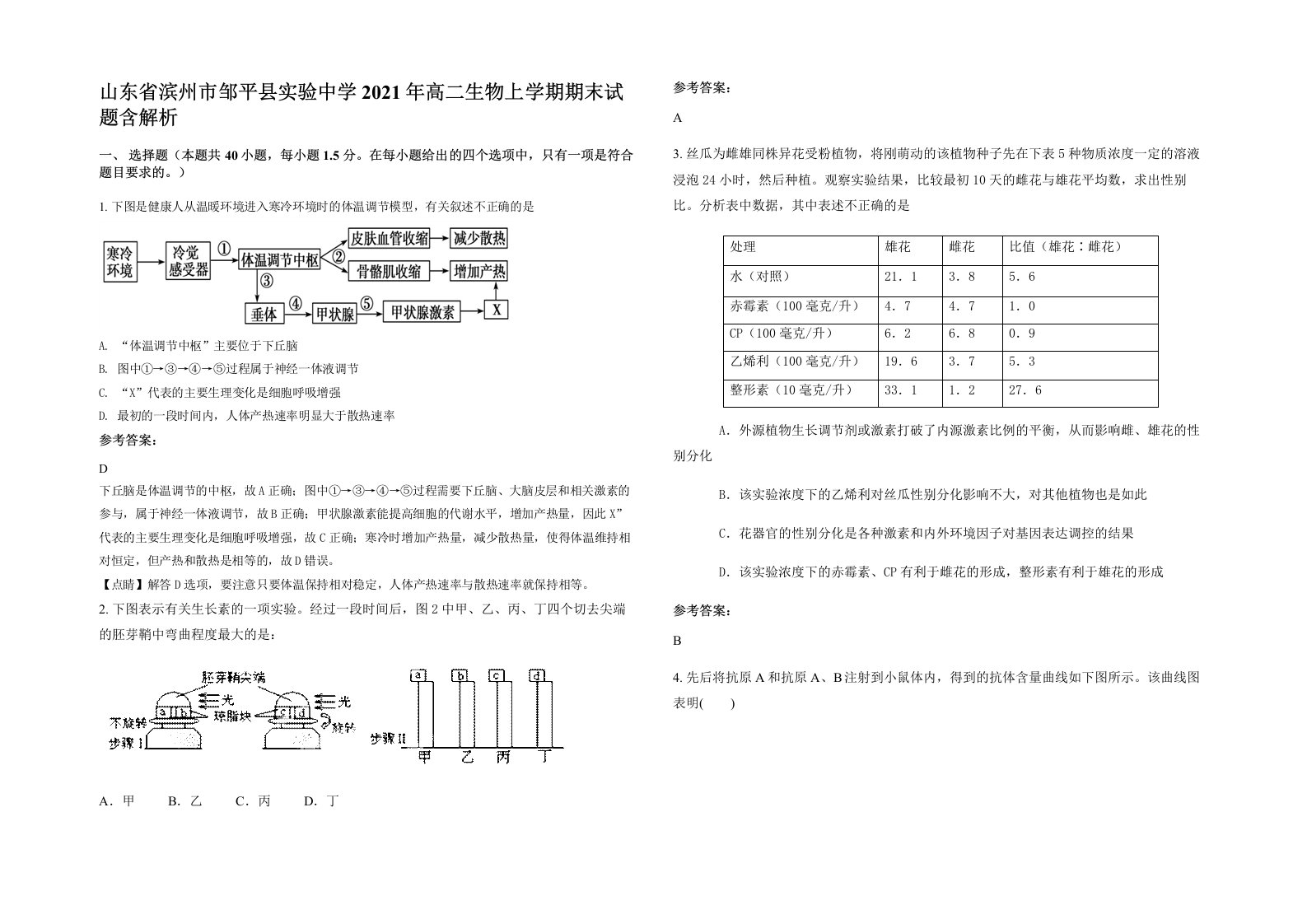 山东省滨州市邹平县实验中学2021年高二生物上学期期末试题含解析