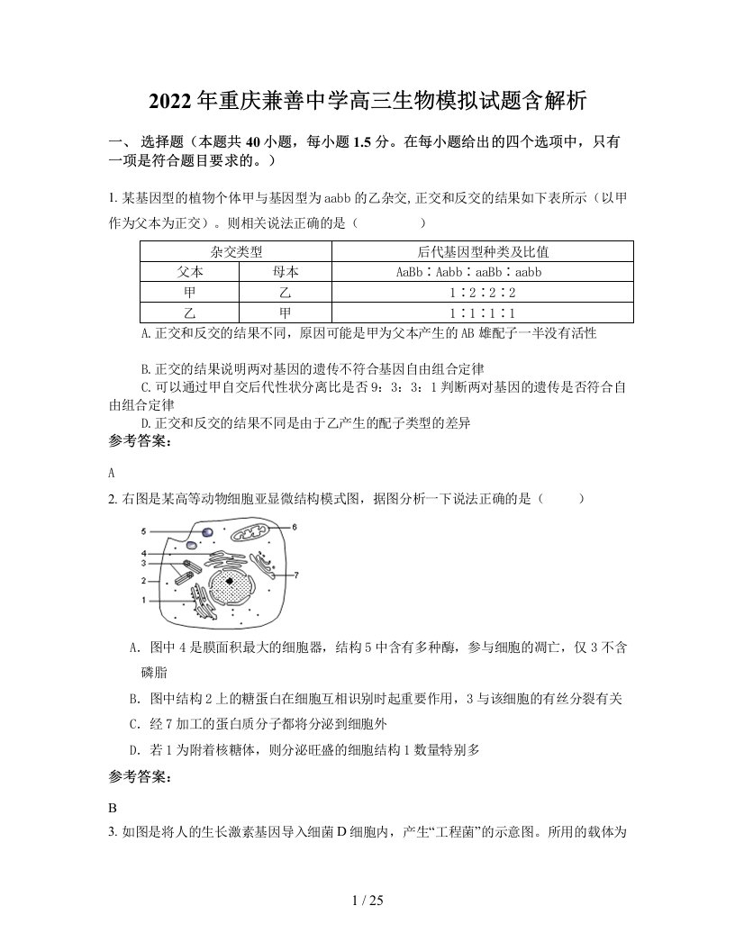 2022年重庆兼善中学高三生物模拟试题含解析