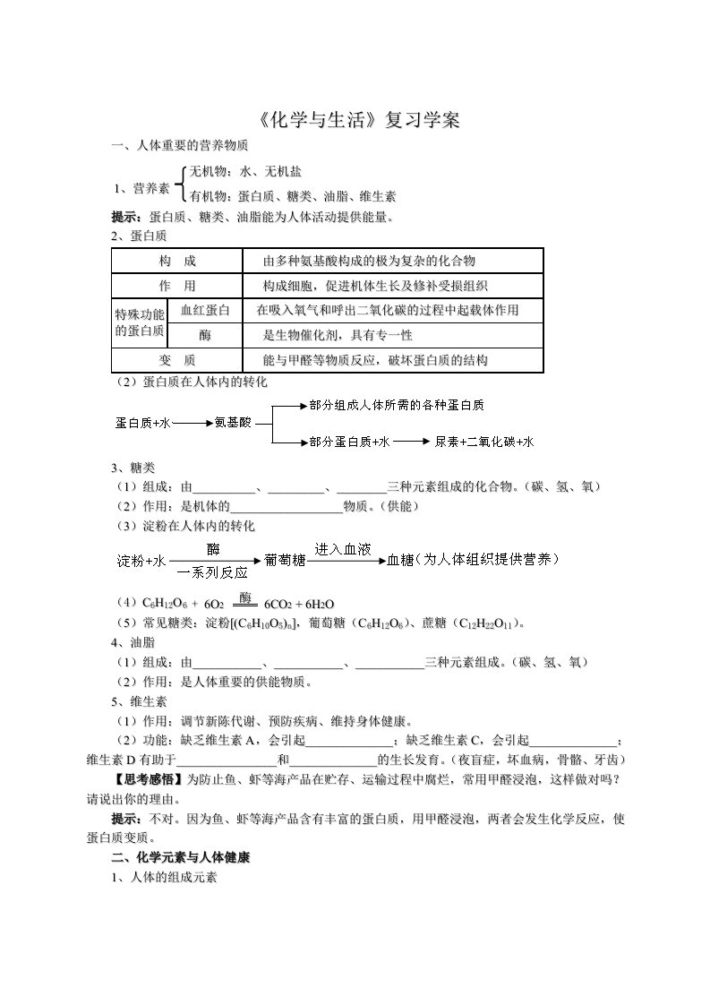 中考化学一轮复习《化学与生活》复习学案