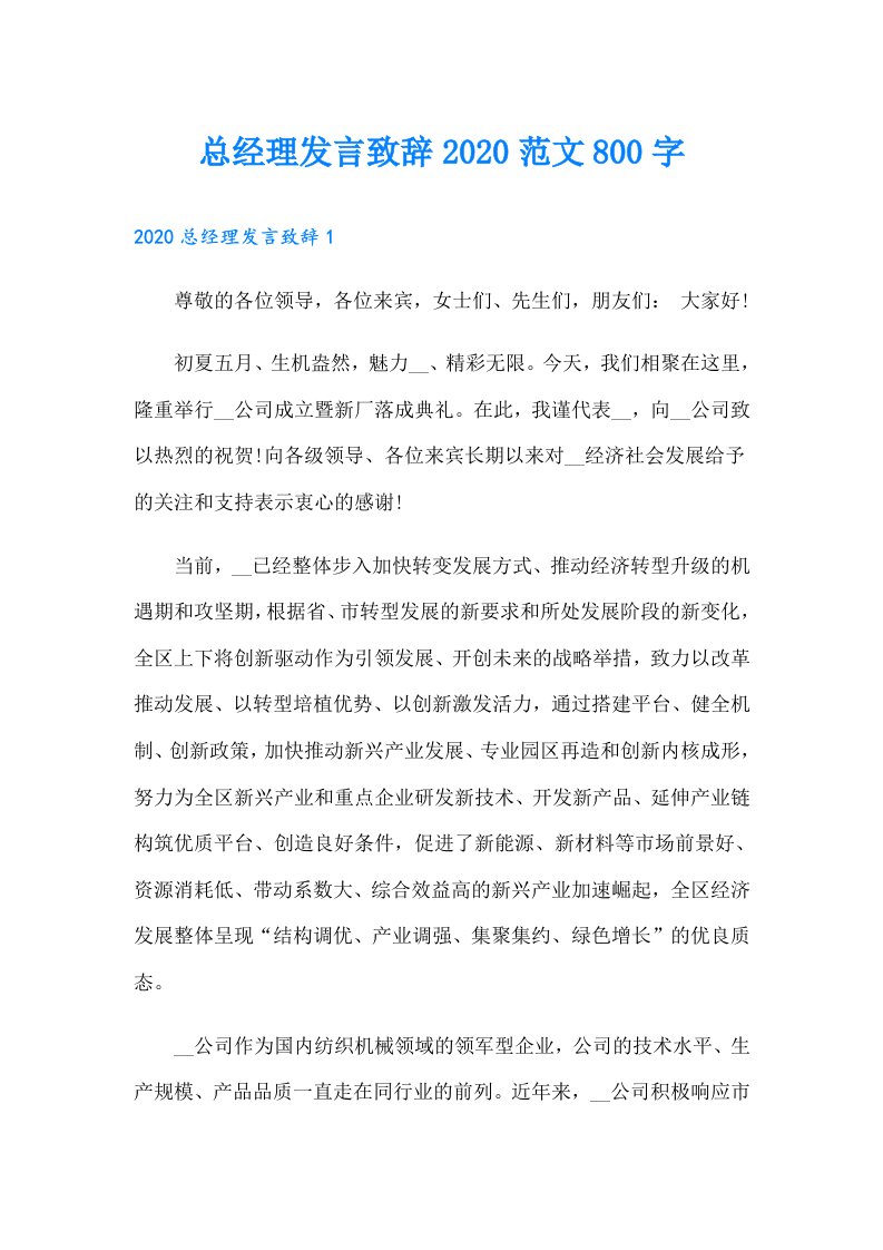 总经理发言致辞范文800字