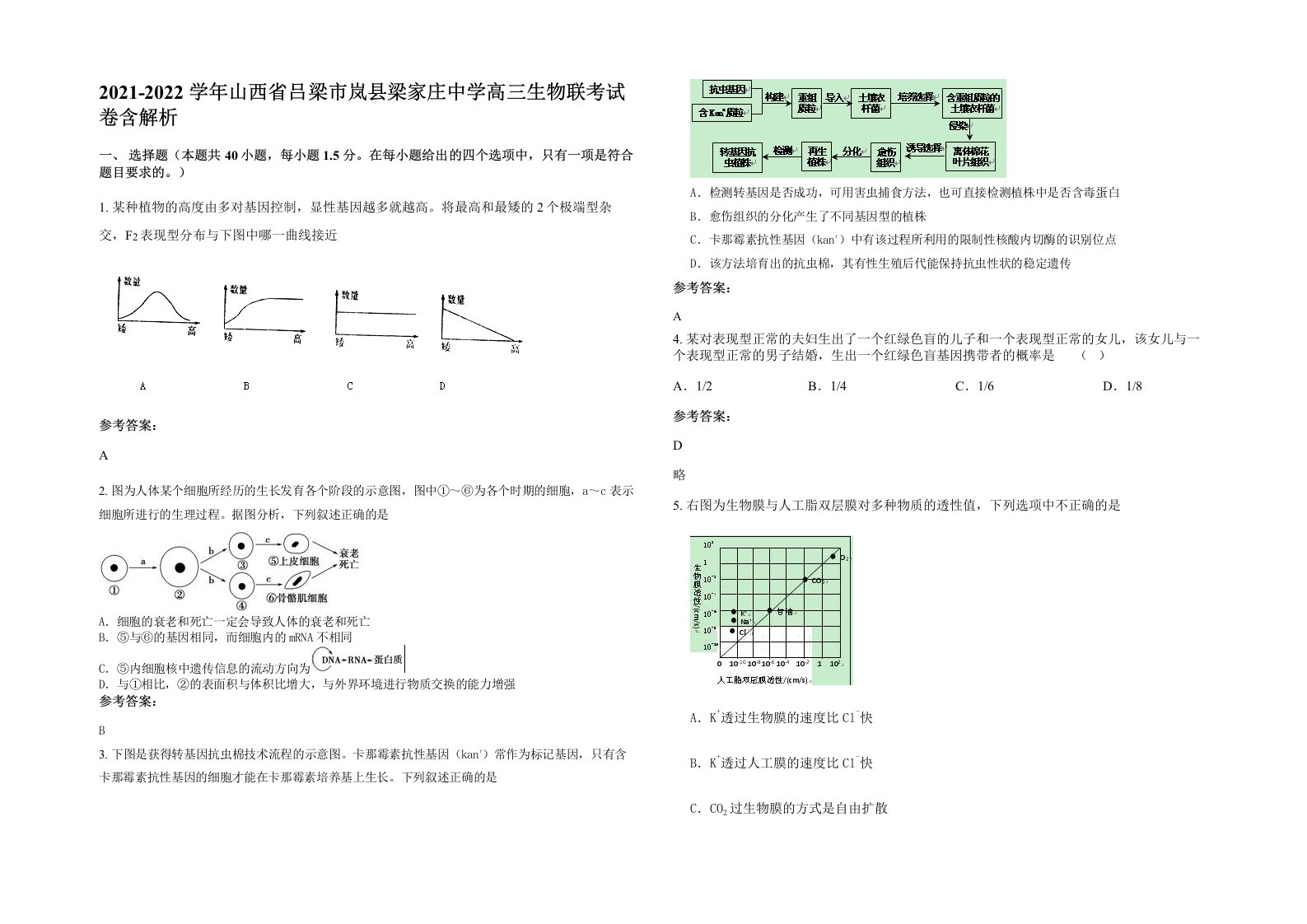 2021-2022学年山西省吕梁市岚县梁家庄中学高三生物联考试卷含解析