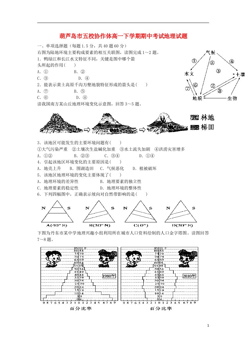 辽宁省葫芦岛市五校协作体高一地理下学期期中试题新人教版