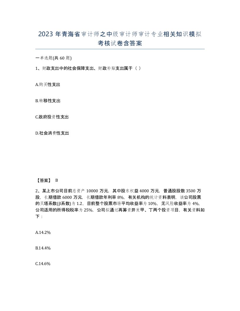 2023年青海省审计师之中级审计师审计专业相关知识模拟考核试卷含答案