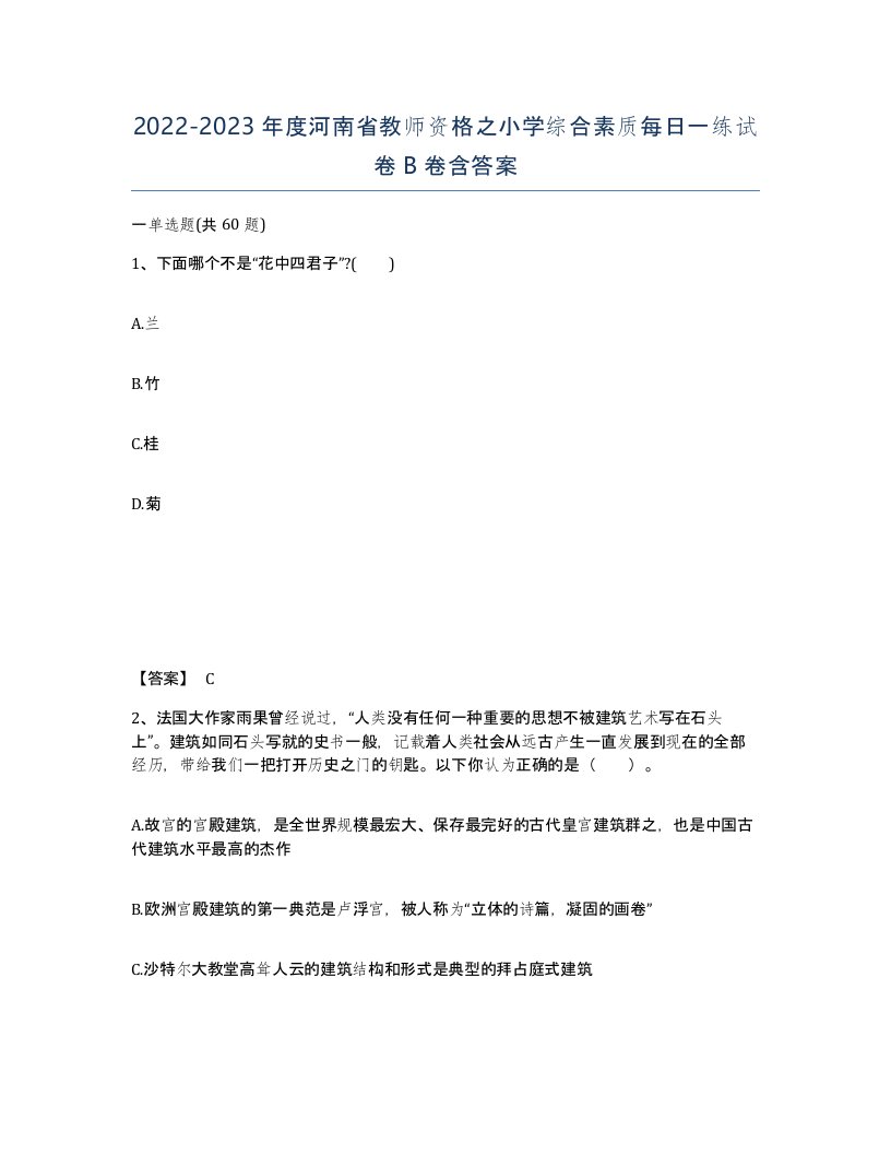 2022-2023年度河南省教师资格之小学综合素质每日一练试卷B卷含答案