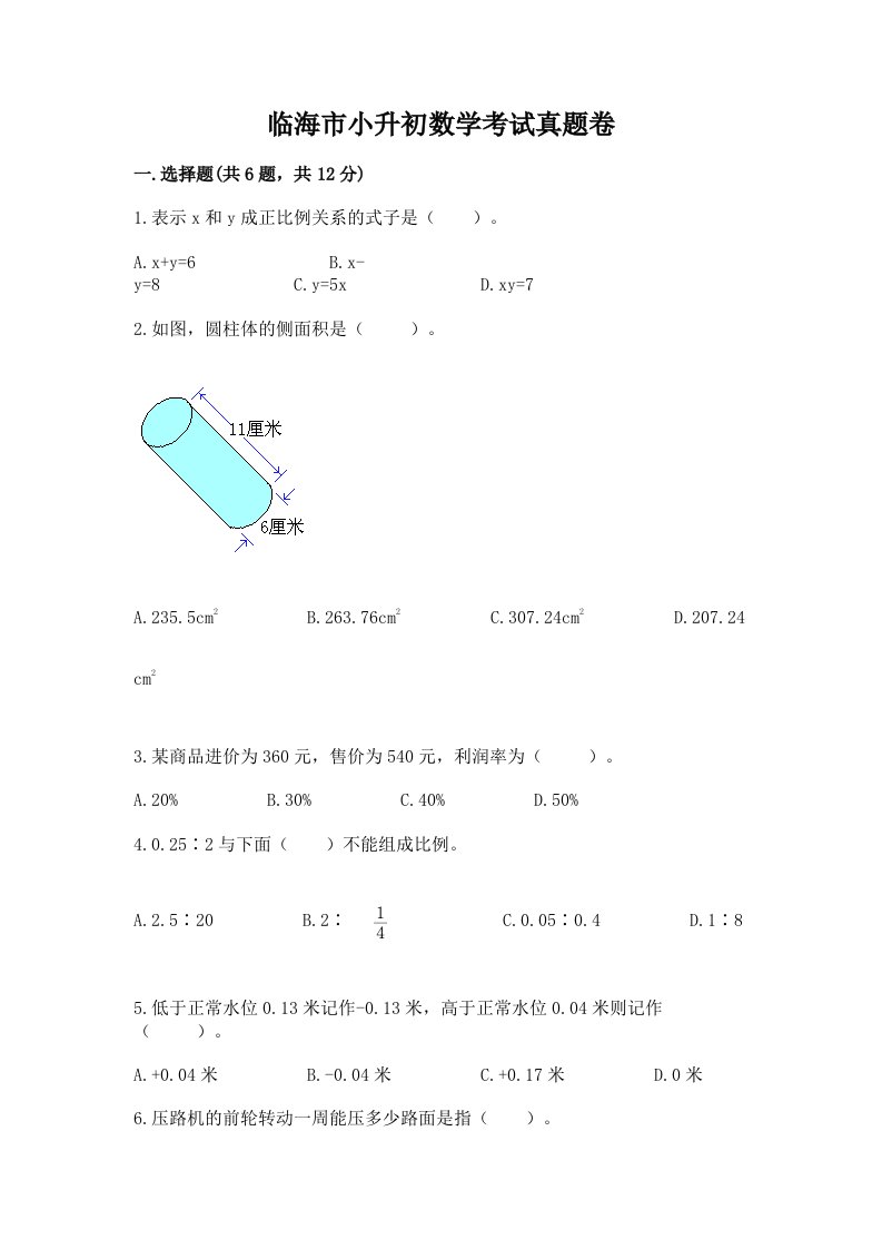 临海市小升初数学考试真题卷最新