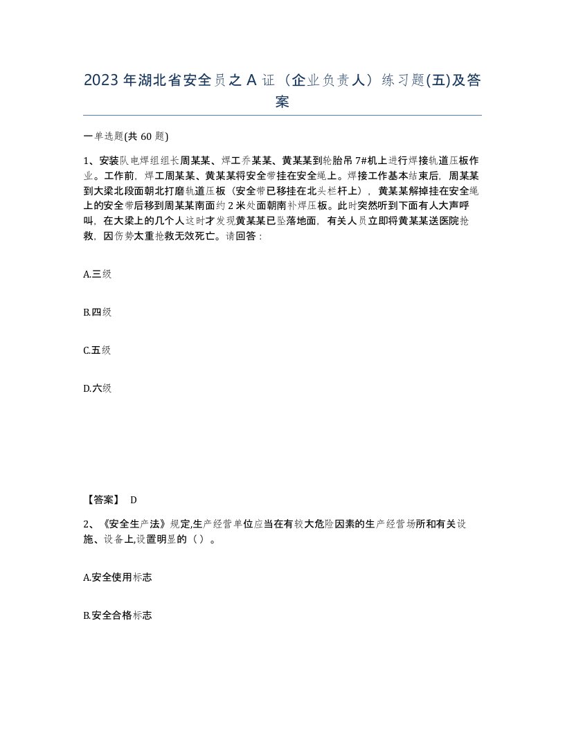 2023年湖北省安全员之A证企业负责人练习题五及答案