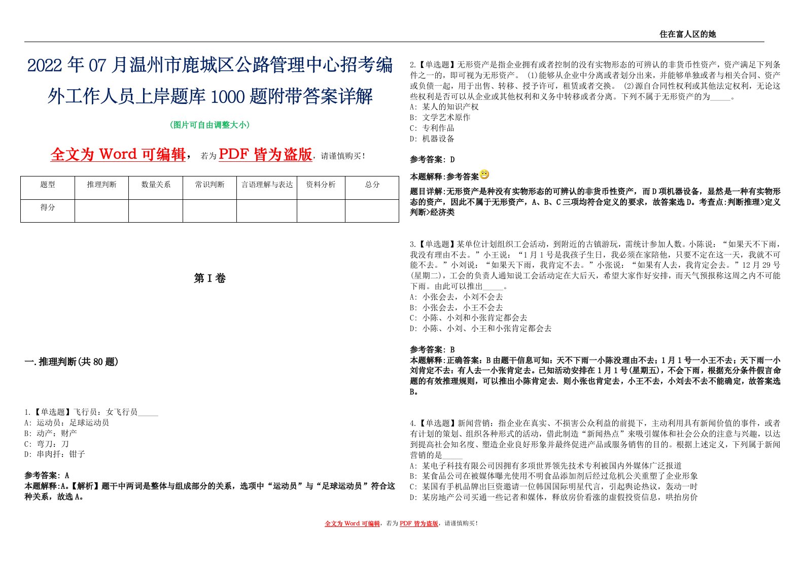 2022年07月温州市鹿城区公路管理中心招考编外工作人员上岸题库1000题附带答案详解