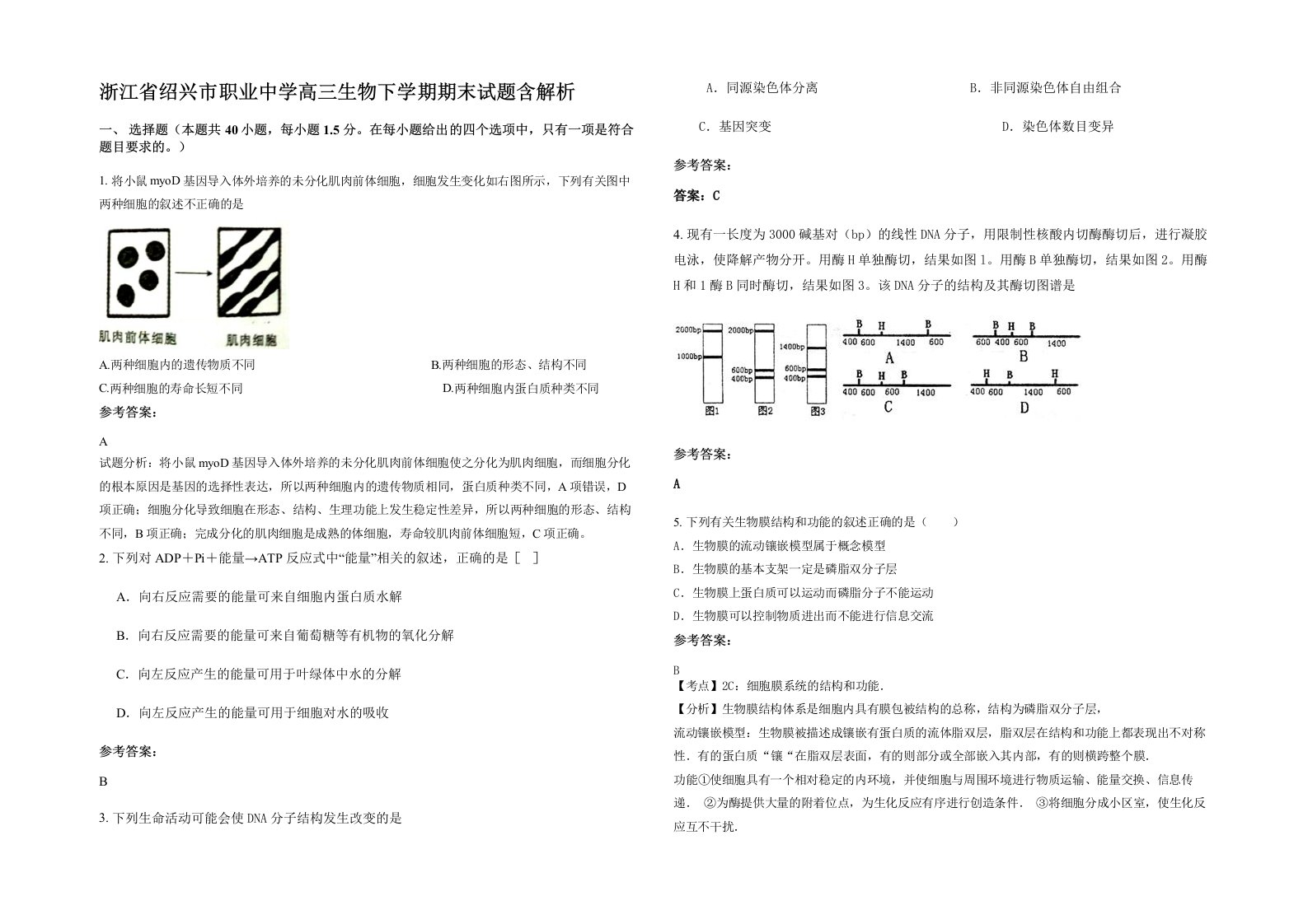 浙江省绍兴市职业中学高三生物下学期期末试题含解析