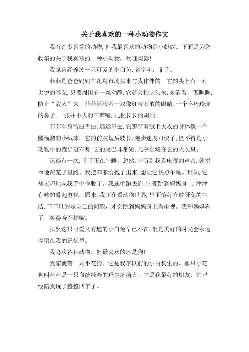 关于我喜欢的一种小动物作文