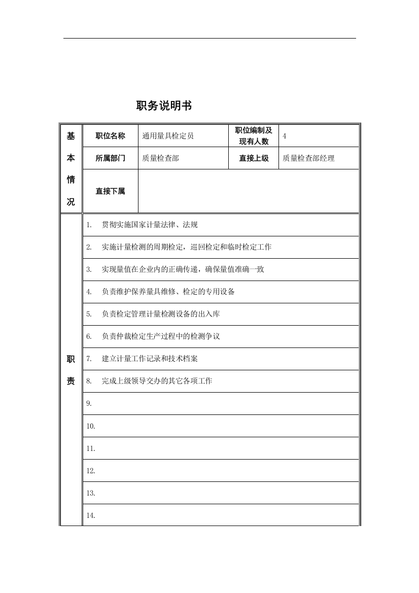 通用量具检定员岗位说明书