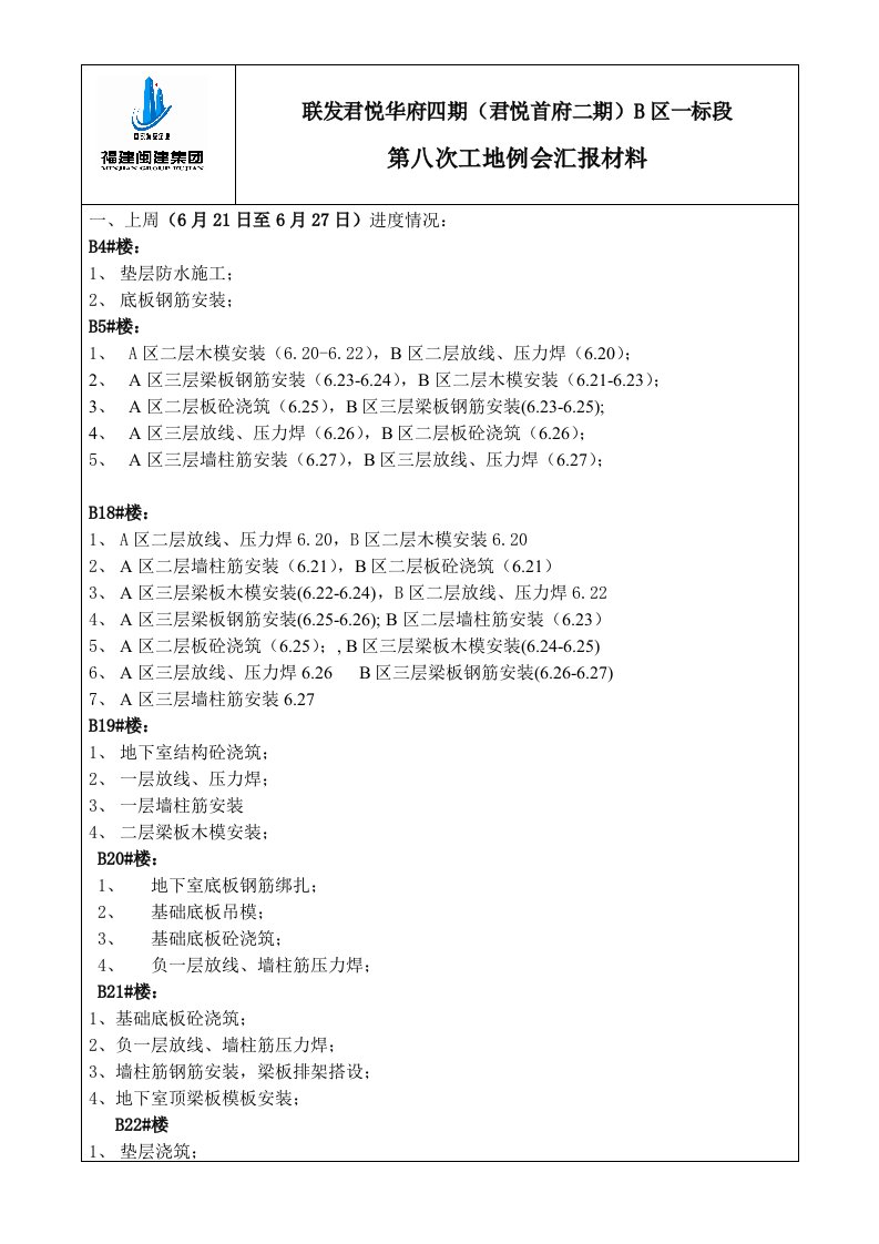 施工单位周例会汇报材料