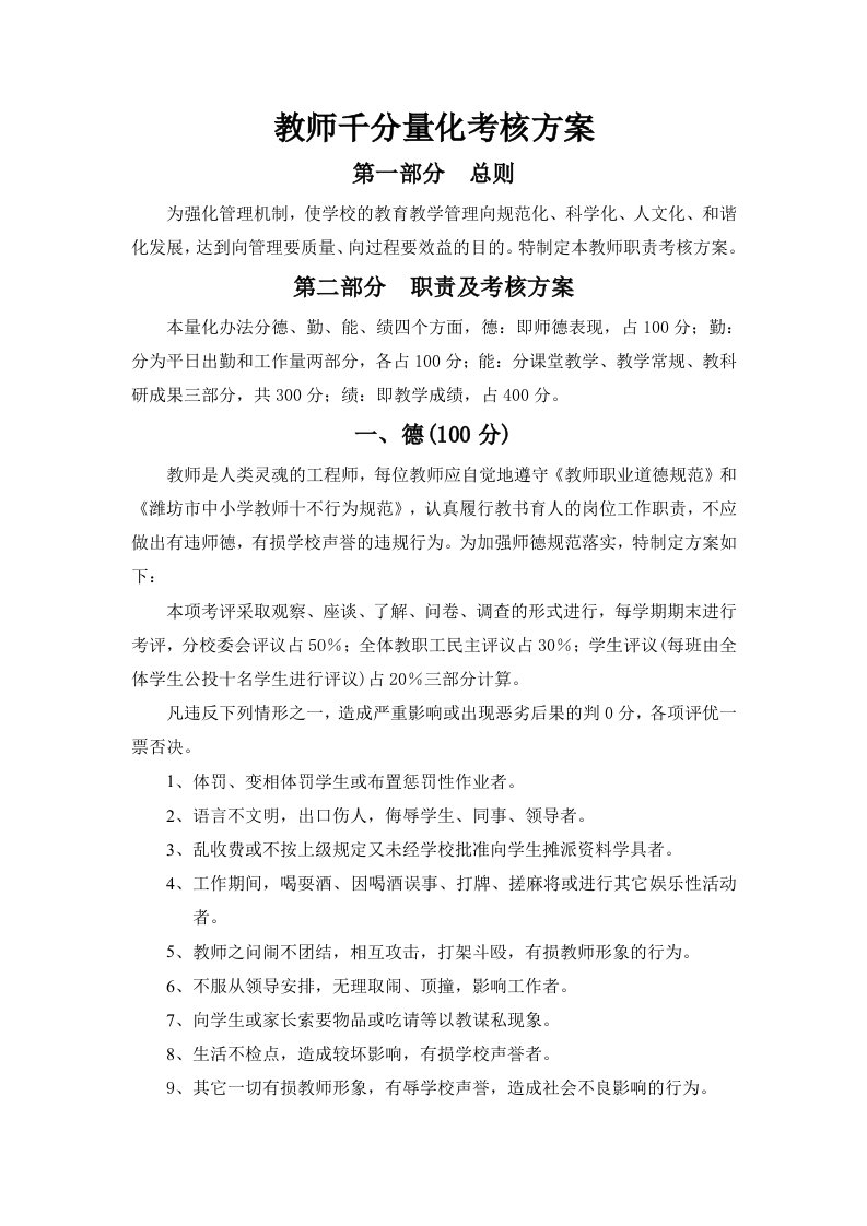 教师千分量化考核方案