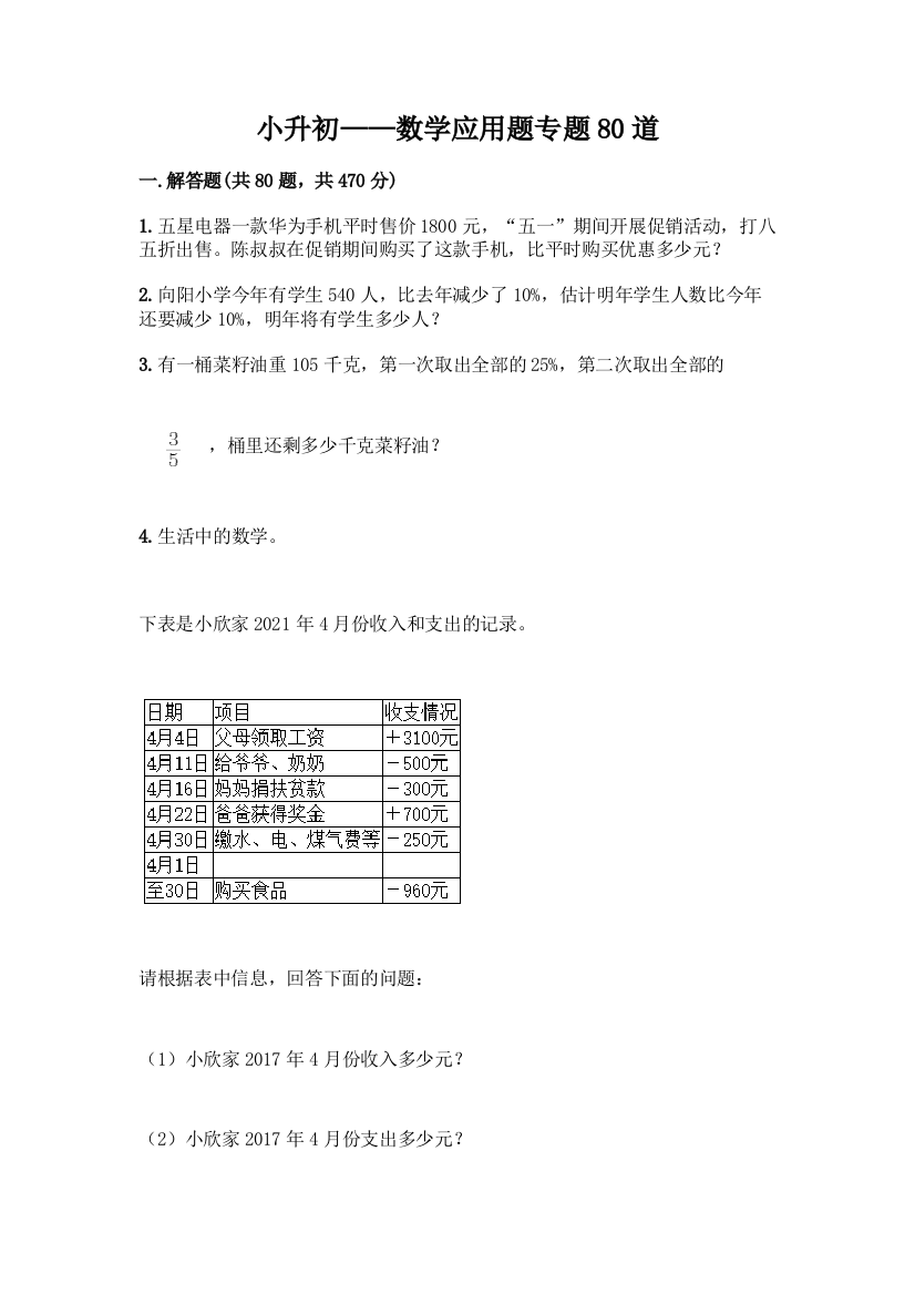 小升初——数学应用题专题80道及参考答案(精练)