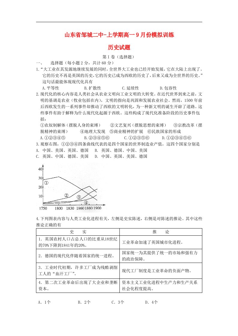 山东省邹城二中高一历史上学期9月模拟训练试题岳麓版【会员独享】