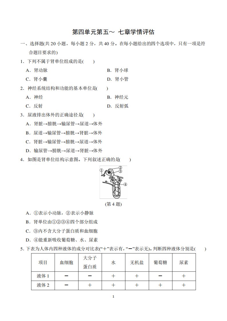 2024年人教版七年级下册生物第四单元第五、六、七章综合检测试卷及答案