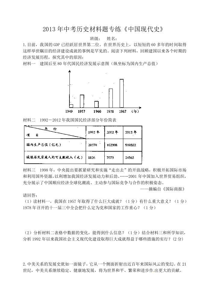 2013年江苏省中考历史材料题专练：中国现代史