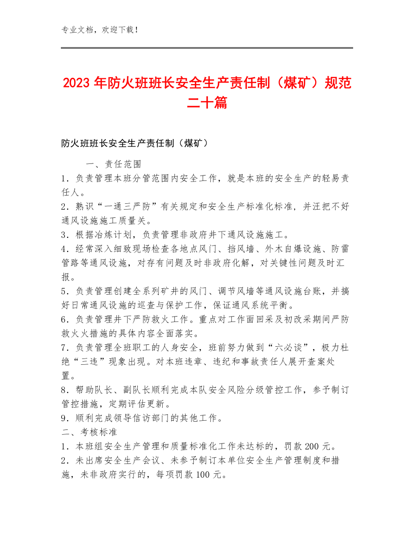 2023年防火班班长安全生产责任制（煤矿）规范二十篇