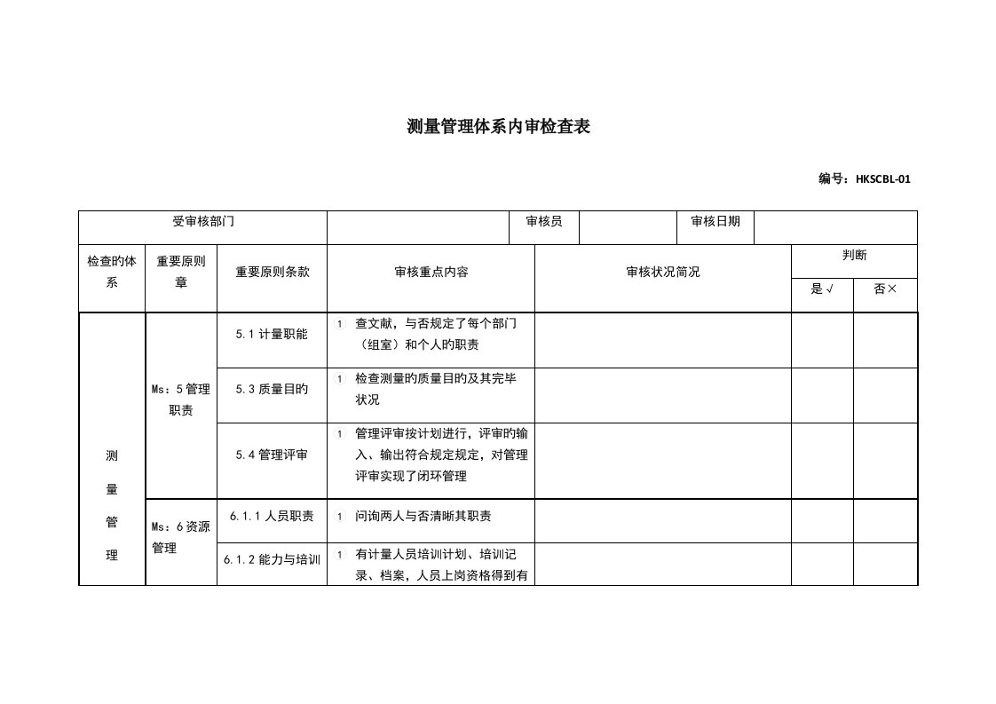 测量管理体系内审检查表