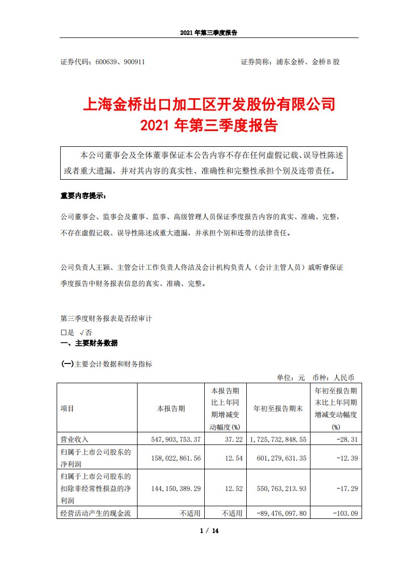 上交所-浦东金桥2021年第三季度报告-20211029