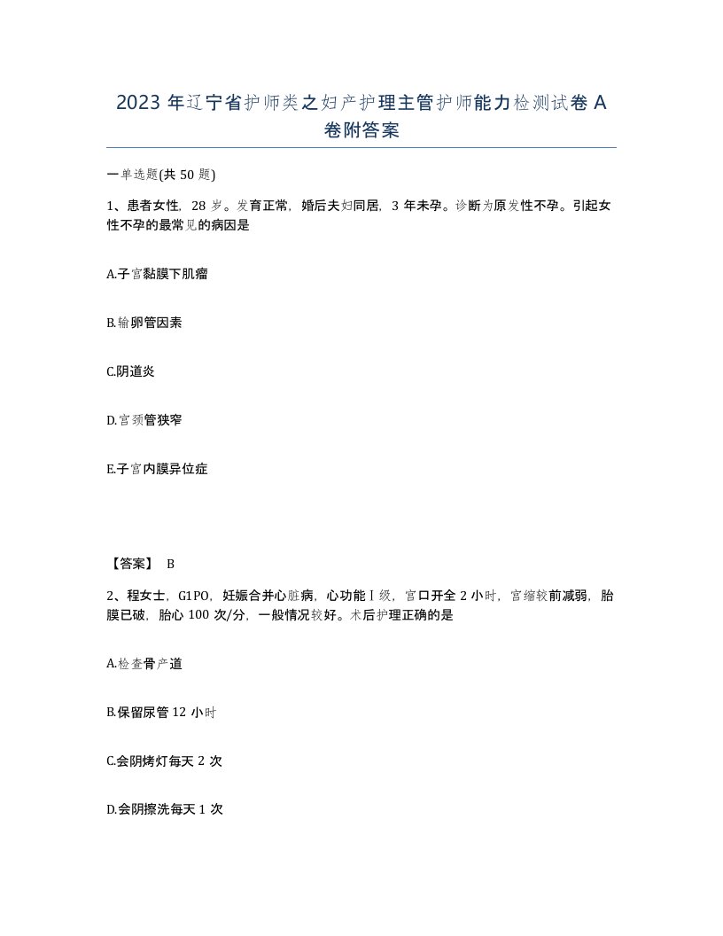 2023年辽宁省护师类之妇产护理主管护师能力检测试卷A卷附答案