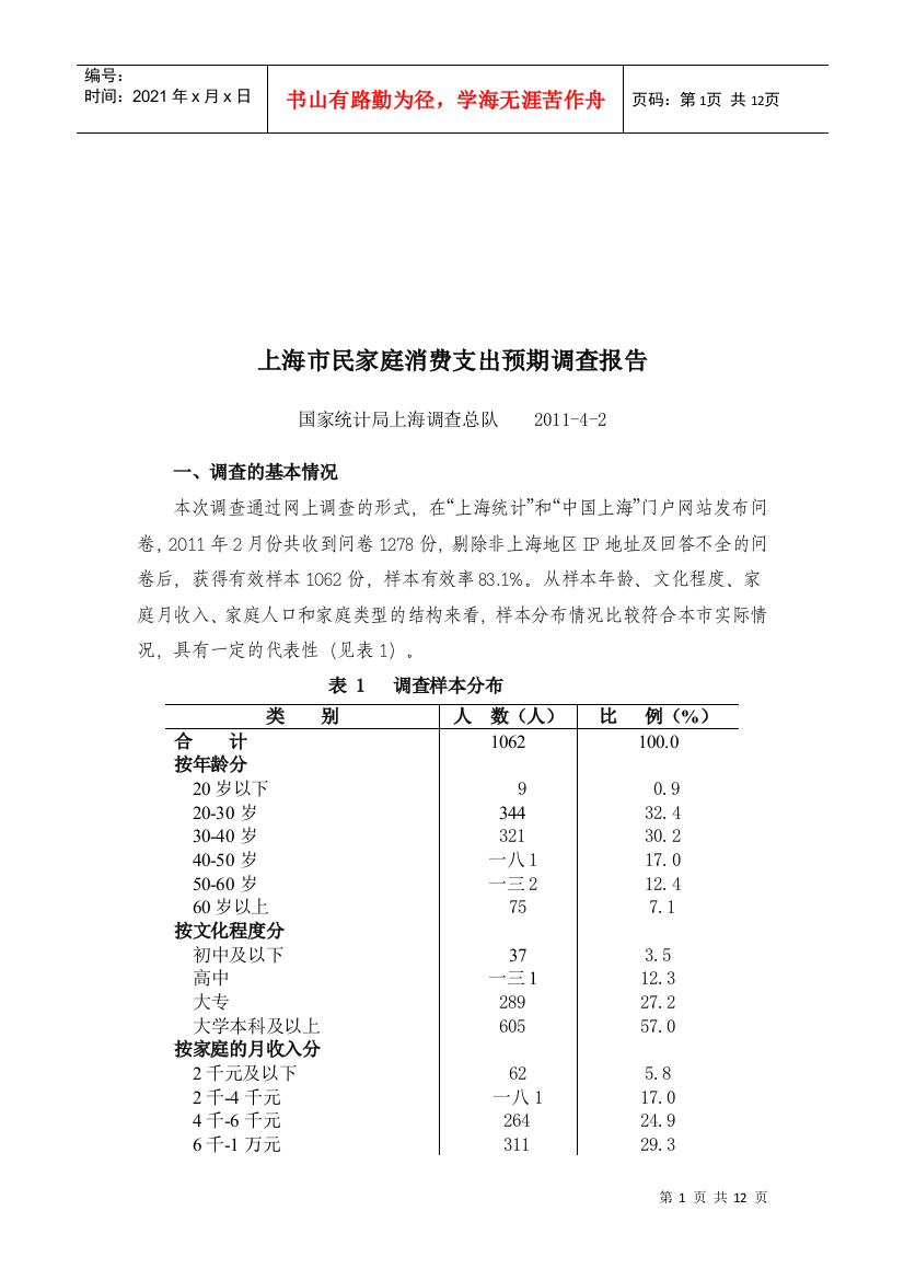 关于上海市民家庭消费支出预期的调查报告