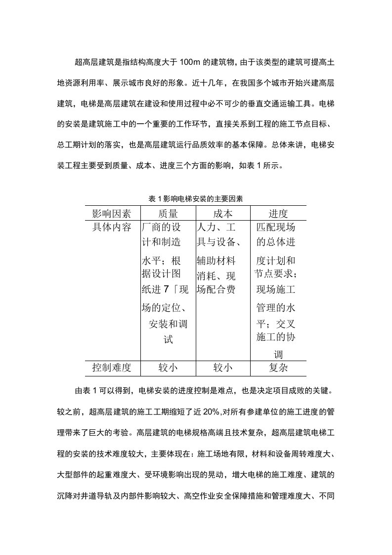 超高层建筑电梯安装工程进度控制研究