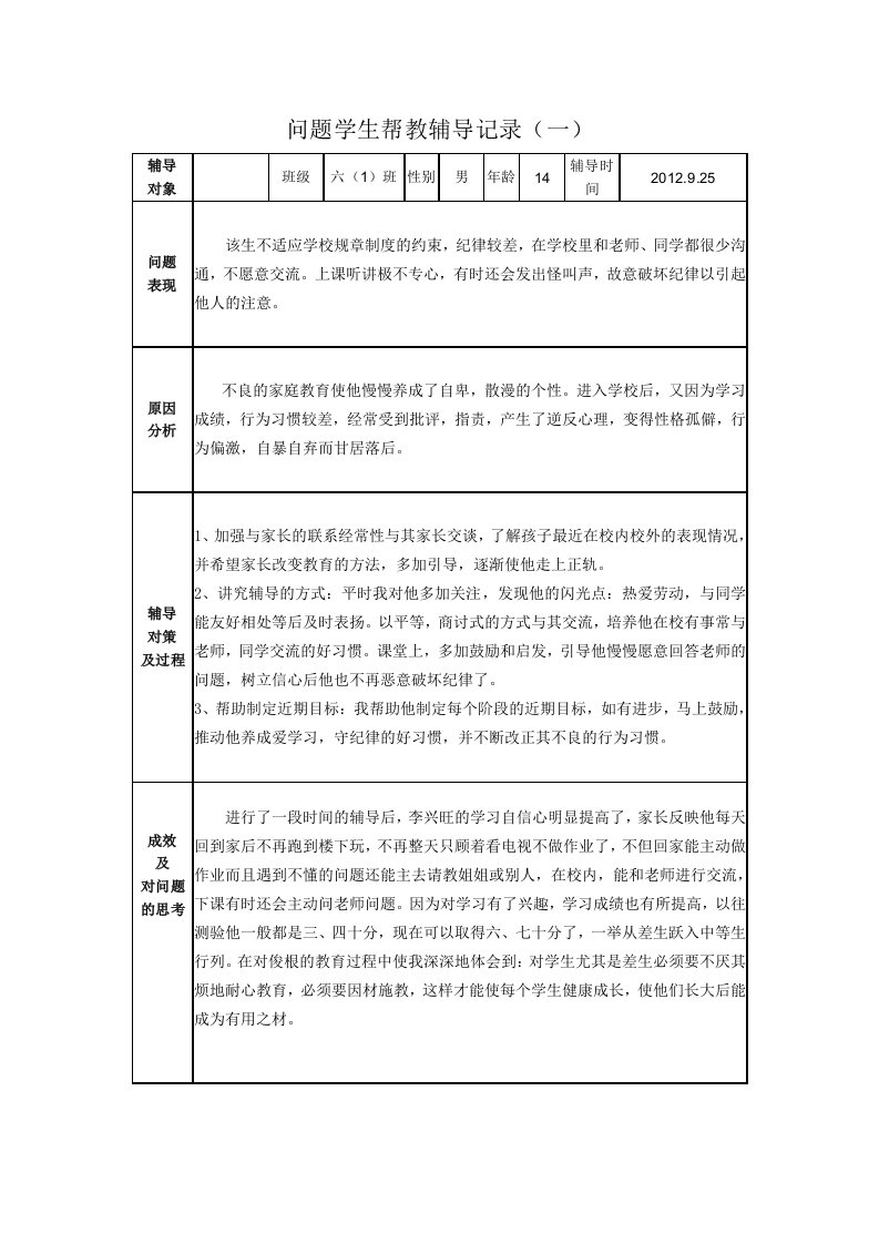 问题学生帮扶教育记录