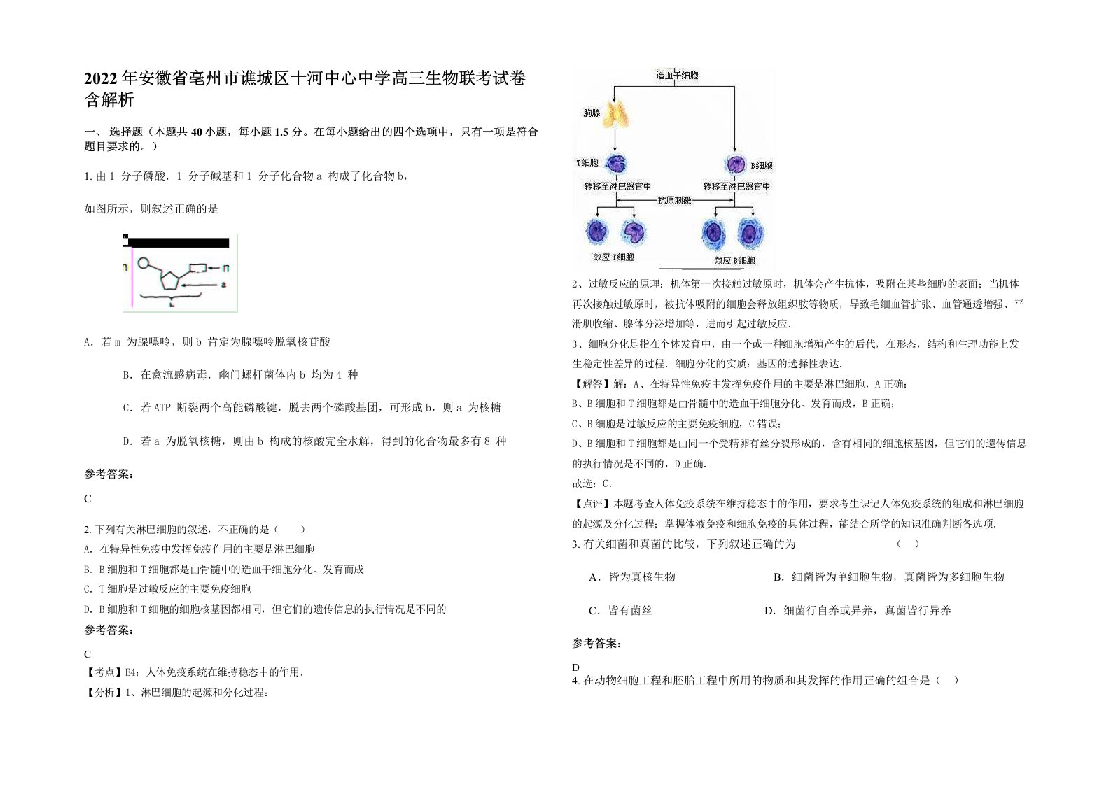 2022年安徽省亳州市谯城区十河中心中学高三生物联考试卷含解析