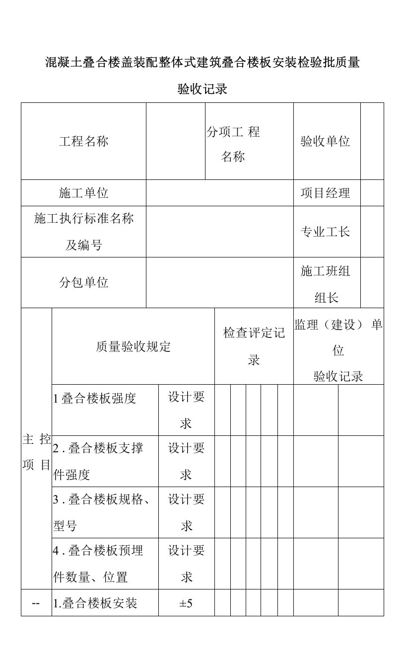 混凝土叠合楼盖装配整体式建筑叠合楼板安装检验批质量验收记录