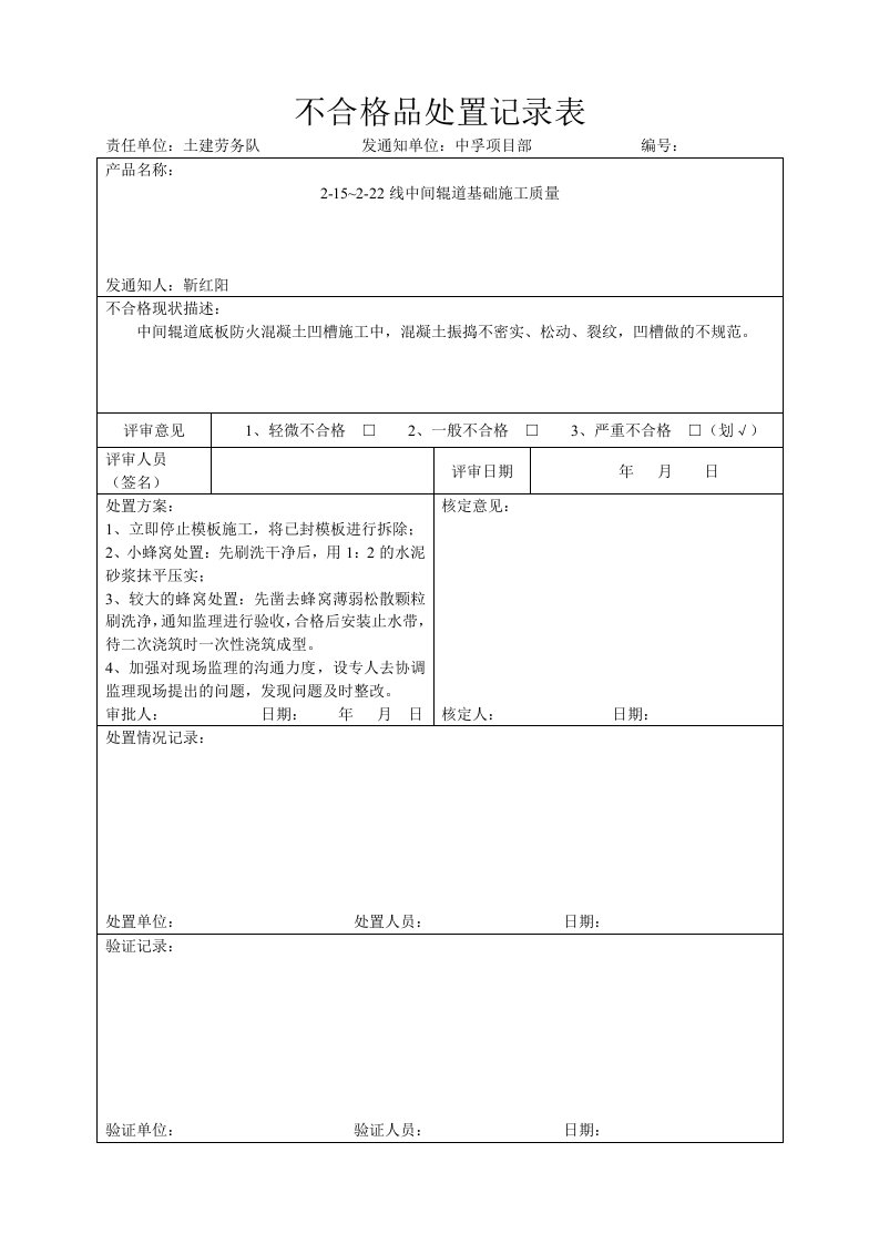 不合格品处置记录表