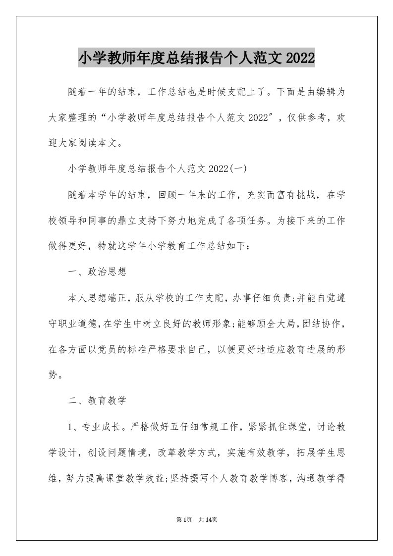 小学教师年度总结报告个人范文2022