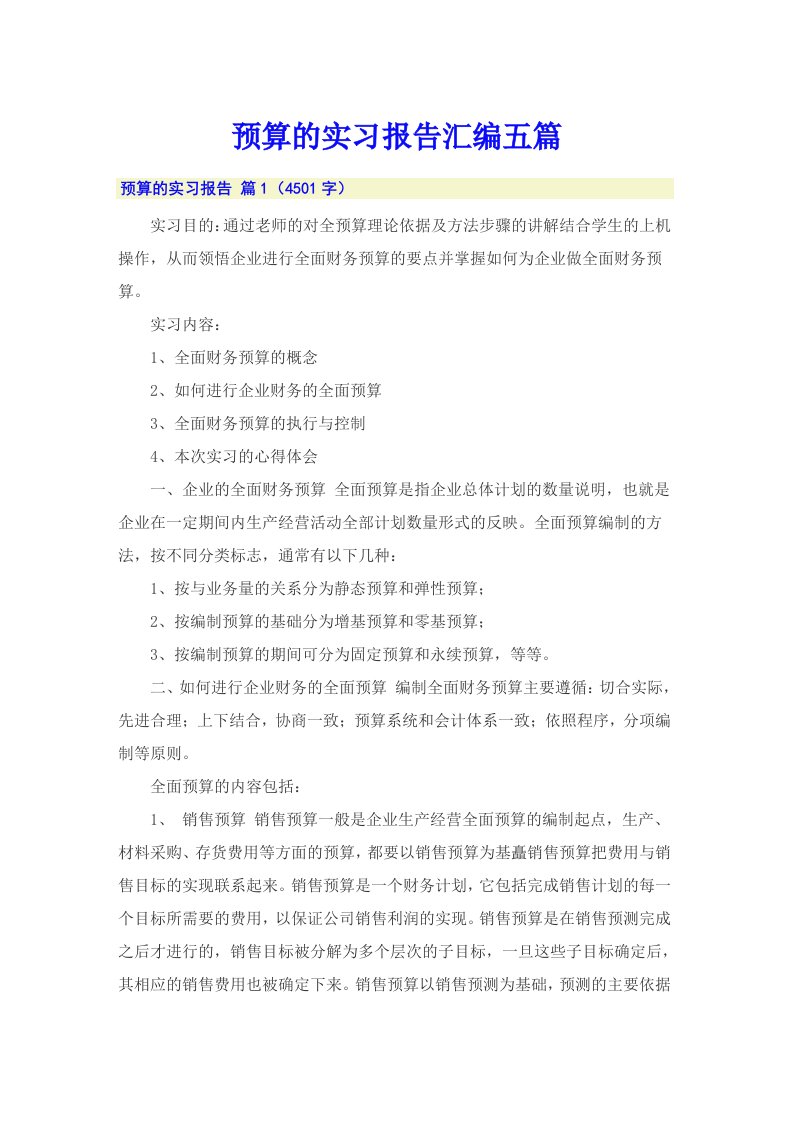 预算的实习报告汇编五篇