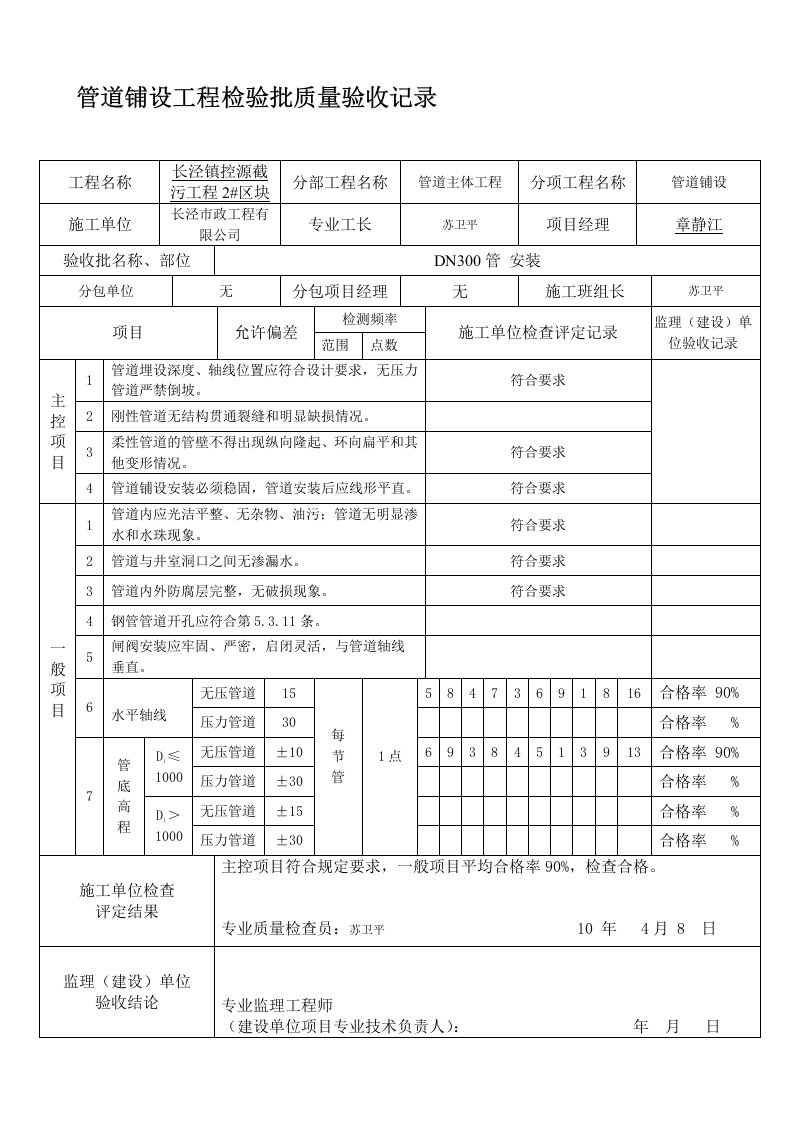 管道铺设工程检验批质量验收记录