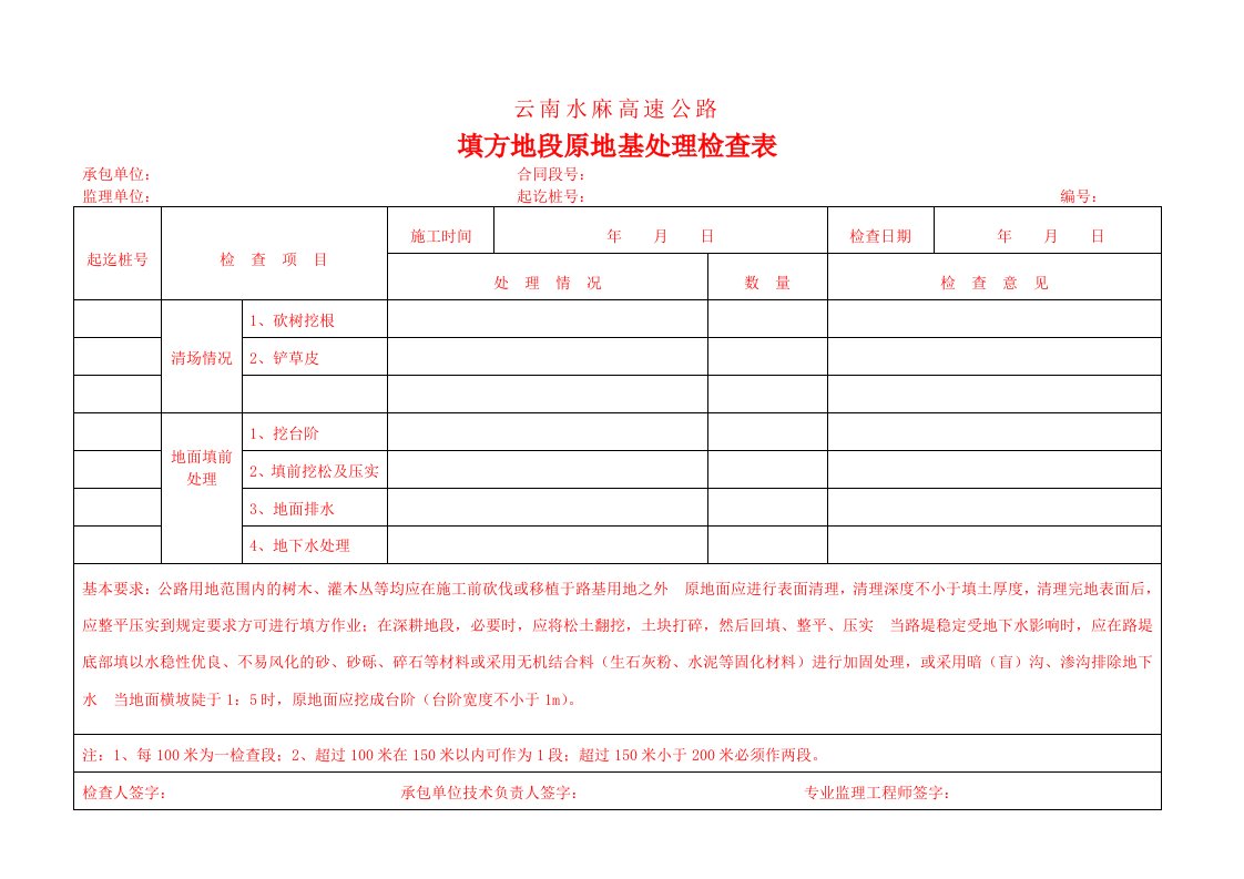 云南省水麻高速公路路基检验样表