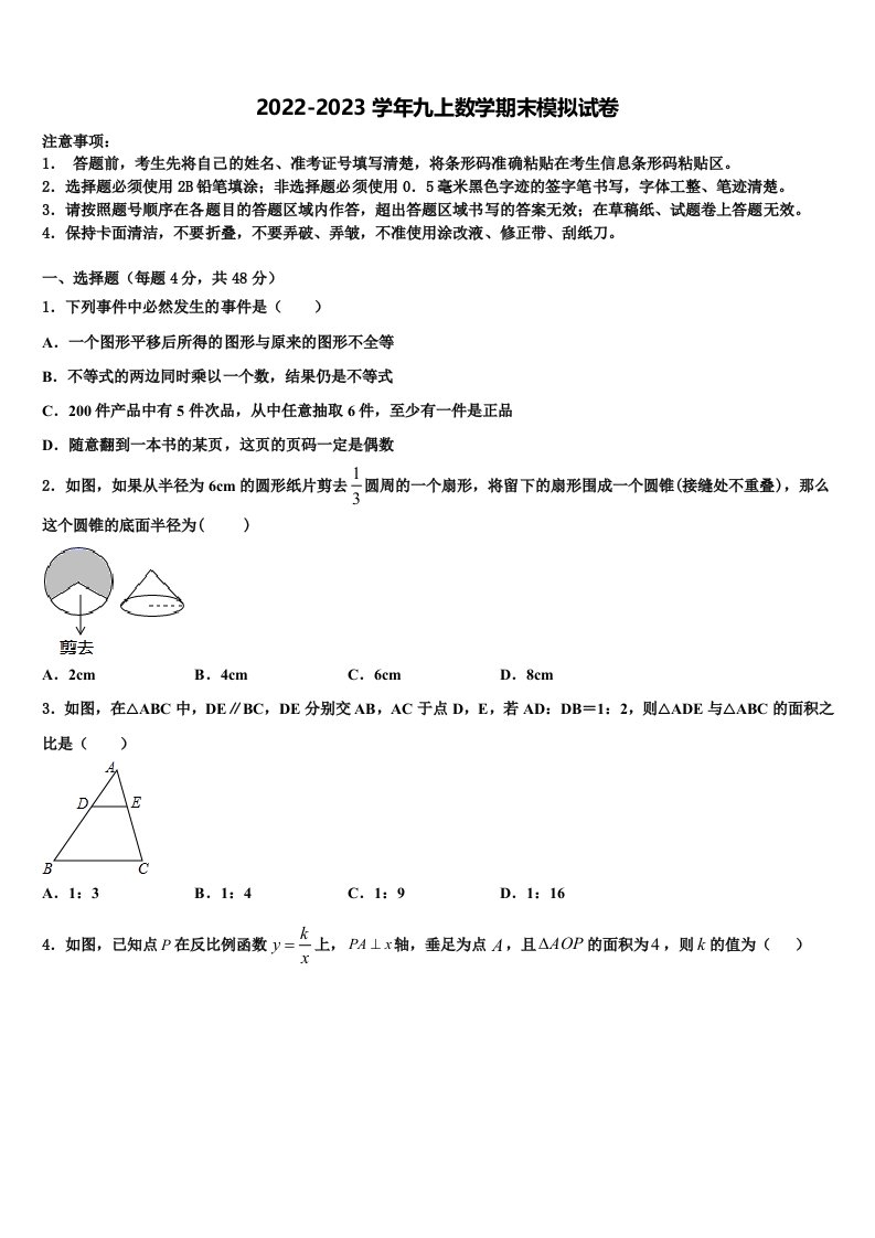 2022年四川省宁南县九年级数学第一学期期末联考模拟试题含解析