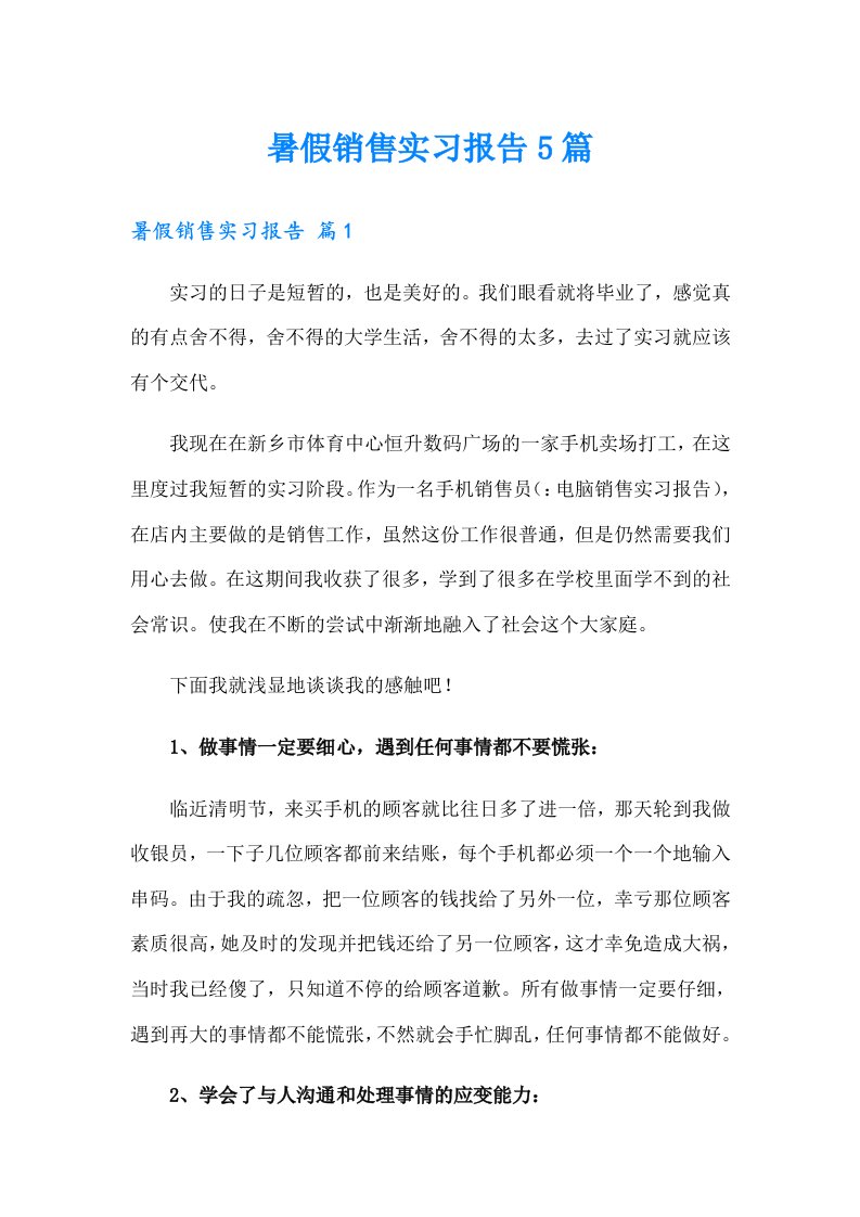 暑假销售实习报告5篇