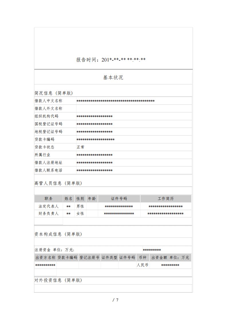 简版个人征信报告模板